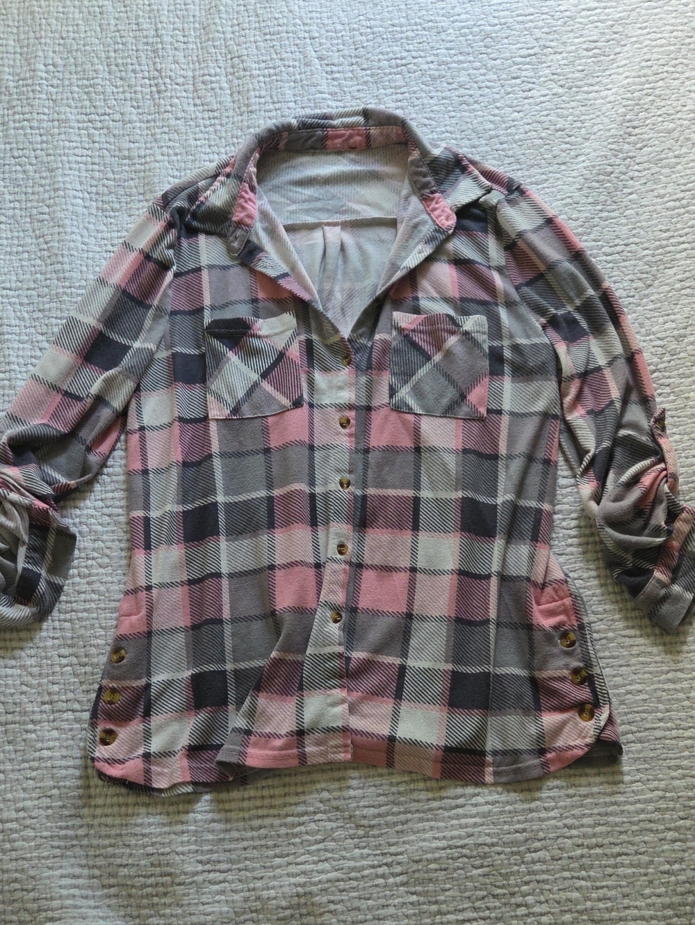 Pink and Gray Plaid Button-Up Shirt